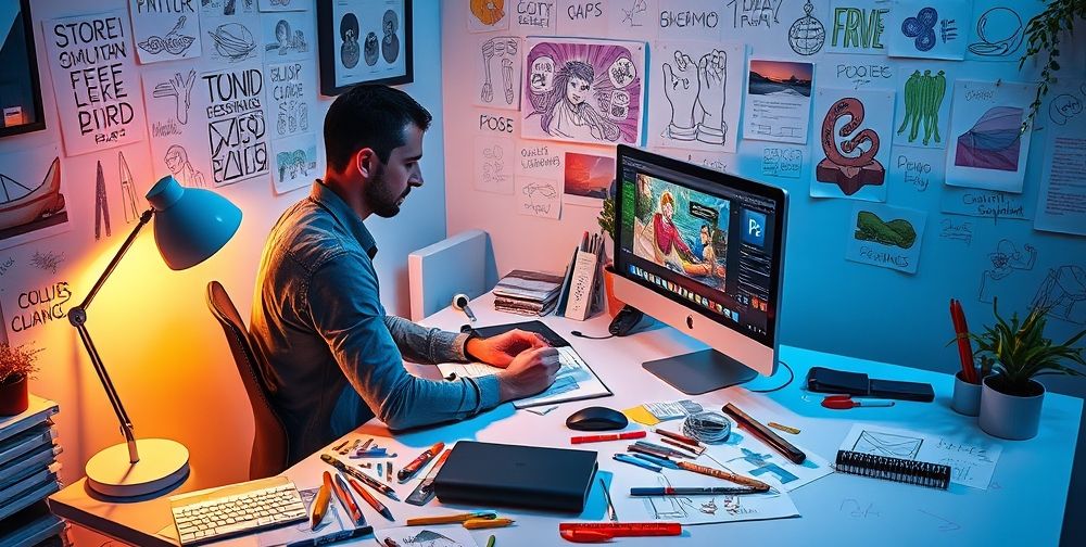 A designer at a desk focused on a computer screen with Photoshop open, various design tools scattered around. The atmosphere is creative with colorful sketches and tools.