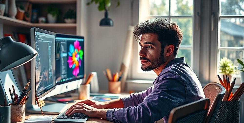 A vibrant image of a person troubleshooting issues in Photoshop, sitting in a well-lit workspace filled with creative tools, focused look on their face, colorful interface of the software visible on the monitor.