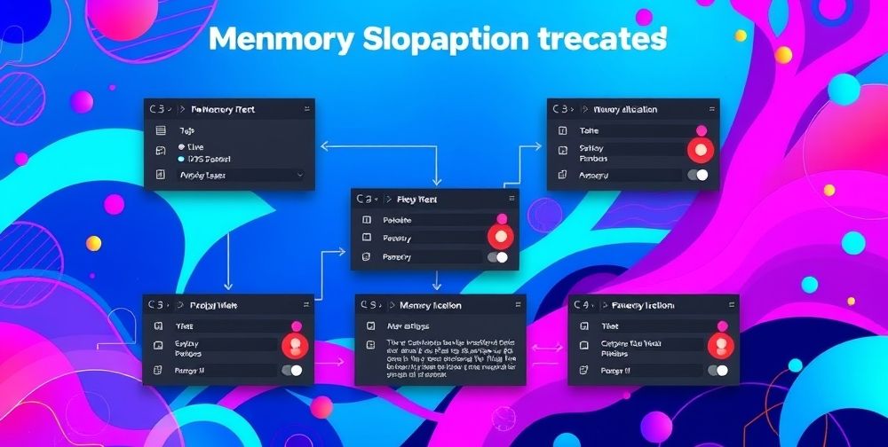 An illustrated graphic showing step-by-step adjustments in Photoshop settings to increase memory allocation, with highlighted buttons and a clean interface, set against a vibrant digital design backdrop.