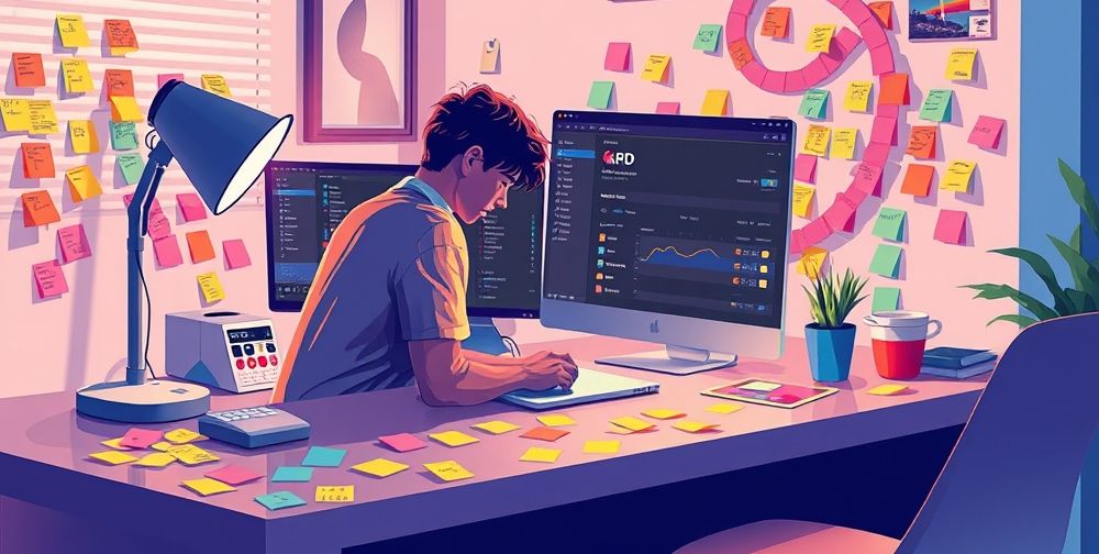 An illustration showcasing a user adjusting preferences in the Photoshop interface, with emphasis on RAM and GPU settings, in a modern workspace setting with a laptop and colorful sticky notes.