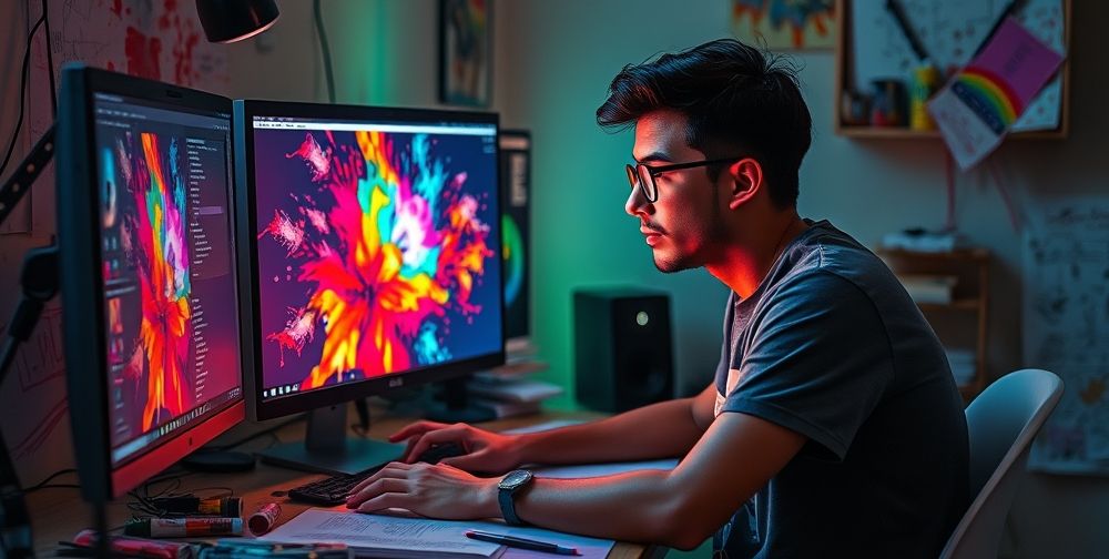 An image showing a person working on Photoshop with several vibrant plugins opened on the side, creating a dynamic and colorful design.