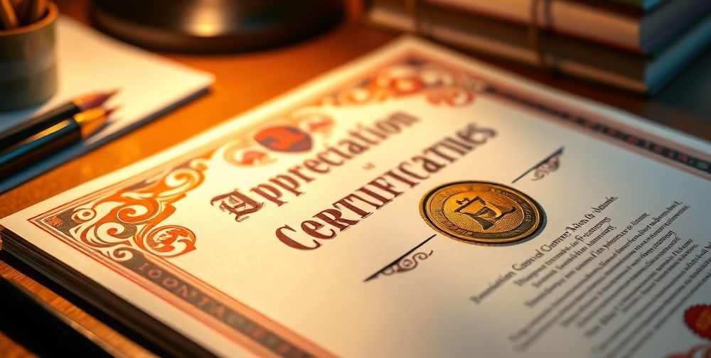 A close-up of a well-designed appreciation certificate, featuring vibrant colors and a gold seal, highlighting academic achievements, displayed on a student's desk.