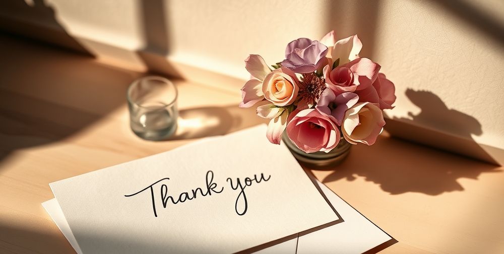 A hand-written thank you note on elegant stationery placed next to a small vase of flowers, with soft lighting creating a warm atmosphere.