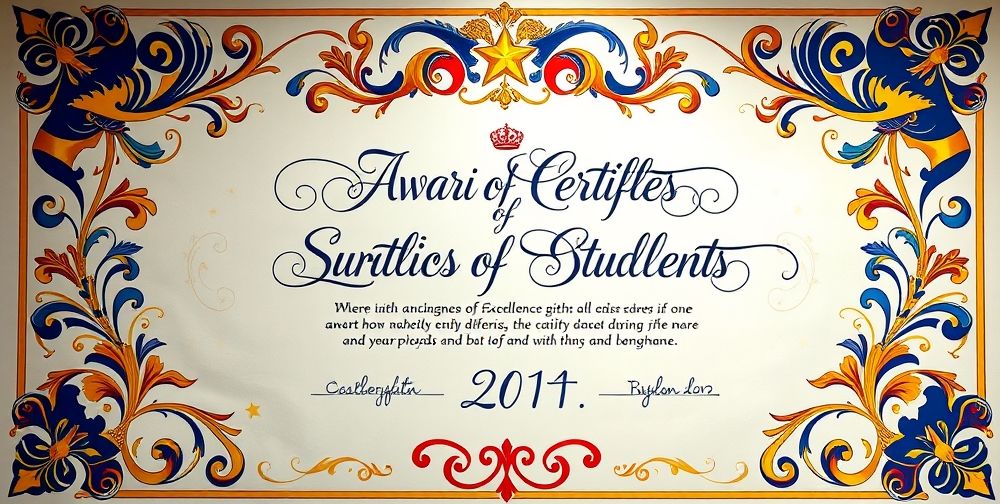 A beautifully decorated certificate awarded to students, featuring elegant calligraphy, vibrant colors, and symbolic images representing achievement and success.