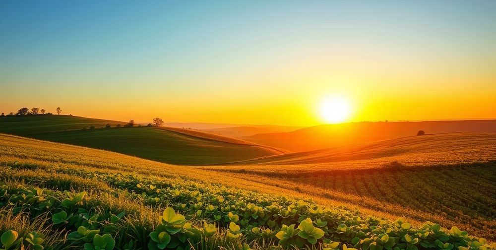 A serene landscape with a sunrise, symbolizing new goals, lush greenery, vibrant colors, a clear sky, inspiring and hopeful atmosphere.