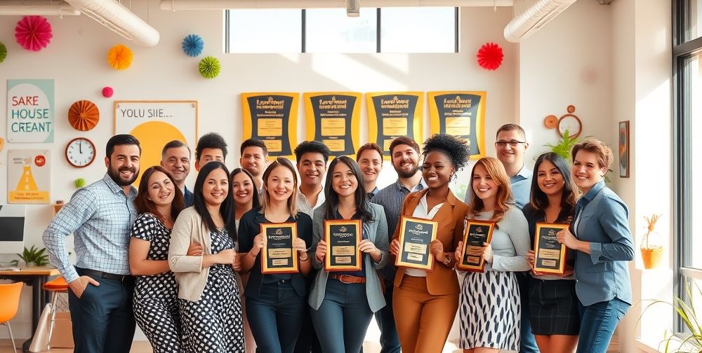 A group of happy employees celebrating their achievements in a vibrant office space, with award plaques displayed in the background, highlighting their success and teamwork.