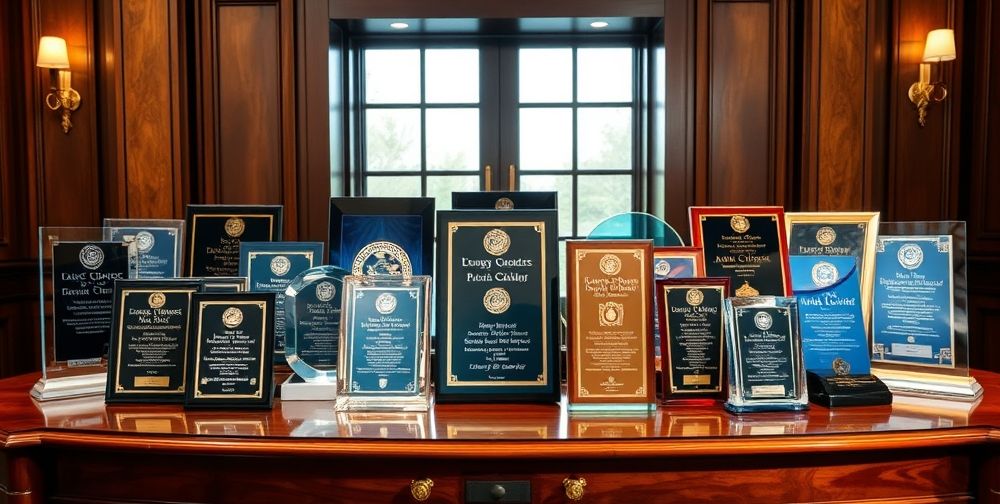 A selection of various award plaques displayed on a wooden table, showcasing different designs, materials, and colors, with a focus on their elegant features and craftsmanship.