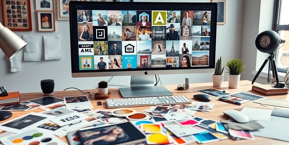 A close-up of a designer’s workspace with a large monitor displaying a grid of Instagram posts in various professional frames, color palettes, and fonts. Several printed frame templates and color swatches are scattered on the desk.