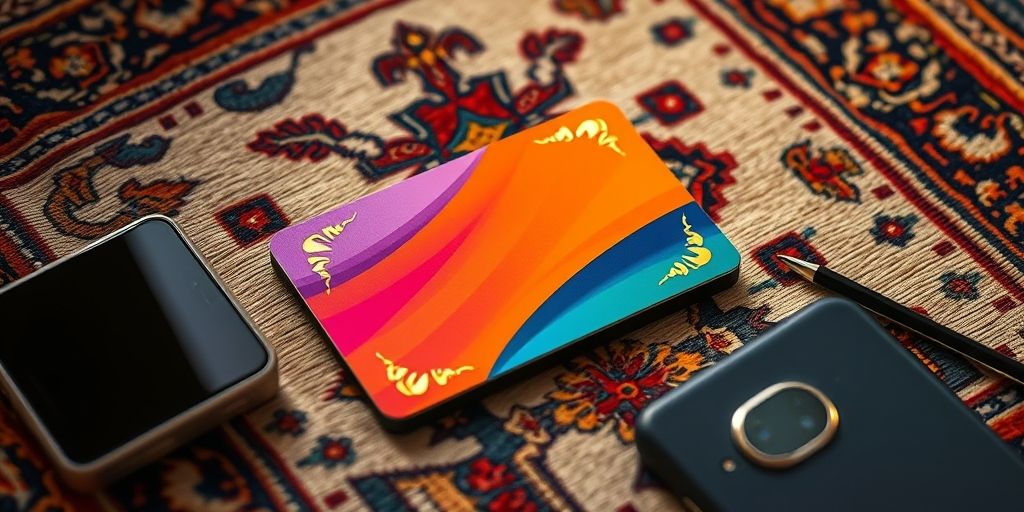 A vibrant, uniquely shaped business card with gold foil accents resting on a Persian rug, surrounded by traditional Iranian motifs and modern tech gadgets, symbolizing cultural fusion in design.
