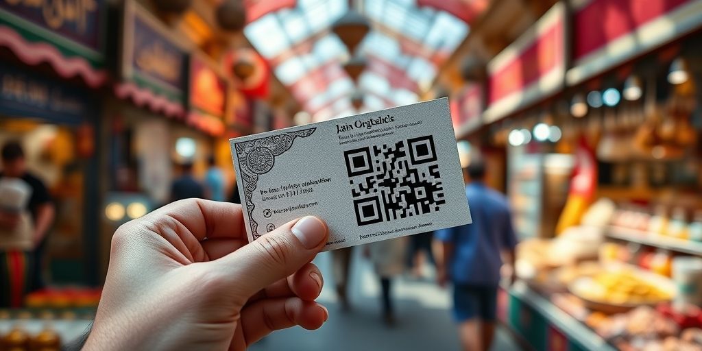 Hand holding a uniquely designed business card with tactile elements and QR code against blurred background of a busy Iranian bazaar, showing traditional patterns merging with digital elements.